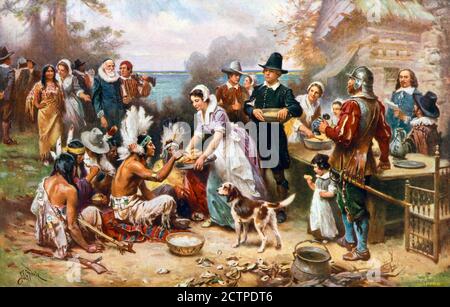 Das erste Thanksgiving 1621 von Jean Leon Gerome Ferris, farbiger Halbtondruck, ca. 1932. Die Veranstaltung folgte der Landung der Pilgerväter in Amerika im Jahr 1620 Stockfoto