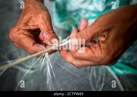 Eine alte Frau macht auf seinen dünnen Händen ein Seil aus der Bananenbaumfaser in Madhupur, Tangail, Bangladesch. Stockfoto