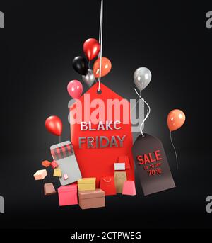 Black Friday Verkauf Hintergrund mit Bannern lesen Verkauf, Telefon, Luftballons und Shopping, 3D Render. Stockfoto