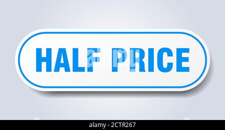 Halbpreisschild. Abgerundeter isolierter Aufkleber. Weißer Knopf Stock Vektor