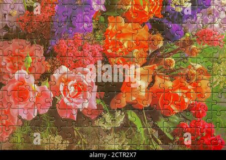 Zusammengebaute Puzzle farbige Stücke Stockfoto