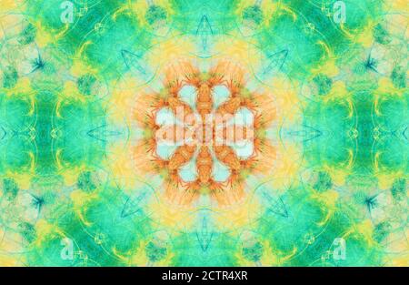 Bunte geometrische kaleidoskopische Textur in gelb und türkis Farben. Psychedelische Stammeskomposition Stockfoto