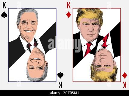 Donald Trump und Joe Biden auf Spielkarten dargestellt Figur des Königs. Poker Shot, zweite Runde der US-Präsidentschaftswahlen 2024. Stockfoto