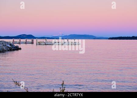 Pink - nach Sonnenuntergang - Licht füllt den Himmel und reflektiert im Meer in der Nähe von Sydney, BC. Die Seevögel ruhen auf den hölzernen Strukturen im Meer Stockfoto