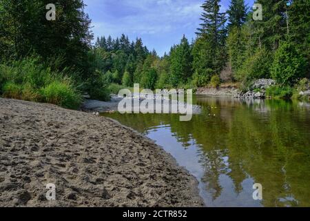 Blick flussaufwärts entlang des Englishman River in der Nähe von Parksville, BC, vorbei an Pools und kleinen Stränden, die an warmen Sommertagen beliebte Plätze für Familien sind Stockfoto