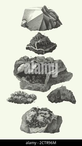 Historischer Jahrgang, Quarz, faseriges braunes Hämatit, Asbest, Stilbite, Zinn-Erz in Granit, Mineralien und ihre kristallinen Formen Gravieren von Antique Illus Stockfoto