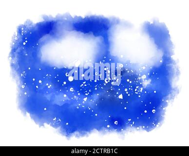 Aquarell bemalte abstrakte dunkelblaue Winterlandschaft mit Schneeflocken und weißen Wolken. Mit Kopierbereich. Computergeneriertes Bild. Stockfoto