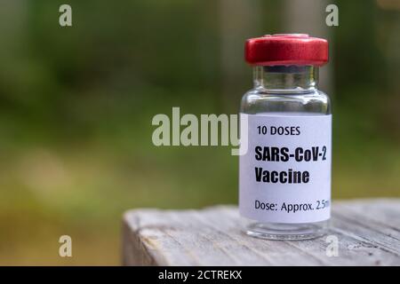 Fläschchen mit Covid-19-Coronavirus-Impfstoff über dem natürlichen Hintergrund Stockfoto