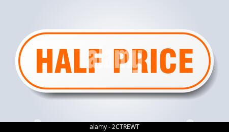 Halbpreisschild. Abgerundeter isolierter Aufkleber. Weißer Knopf Stock Vektor