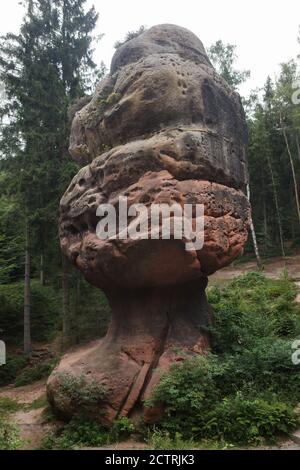 Kelchstein (Kelchstein) auch bekannt als Kelchsteinwächter (Kelchsteinwächter) im Zittauer Gebirge bei Oybin in Sachsen, Deutschland. Stockfoto