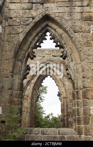 Romantische mittelalterliche Ruinen der ehemaligen Klosterkirche im Kloster Oybin in Sachsen. Stockfoto