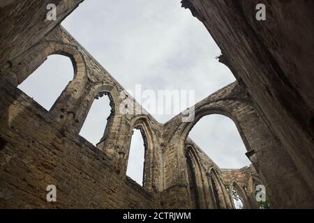 Romantische mittelalterliche Ruinen der ehemaligen Klosterkirche im Kloster Oybin in Sachsen. Stockfoto