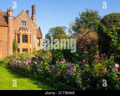Chenies Herrenhaus und Garten an einem sonnigen Septembernachmittag, 2020. Bunte Dahlien, krautige Pflanzengrenzen, Rasen. Stockfoto