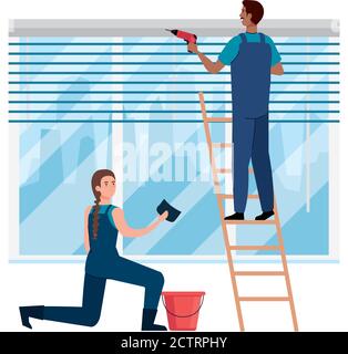 Frau und Mann mit Bauwerkzeugen an Fenster Vektor-Design Stock Vektor