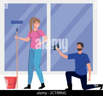 Frau und Mann mit Bauwerkzeugen an Fenster Vektor-Design Stock Vektor