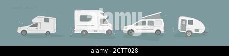 Vector Hintergrund Banner mit rv Camping Anhänger, Reise-Mobilheim, Wohnwagen. Stock Vektor