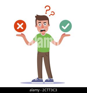 Ein unsicheres Zeichen trifft eine Entscheidung. Die Wahl zwischen einer positiven und einer negativen Antwort. Flache Vektordarstellung. Stock Vektor