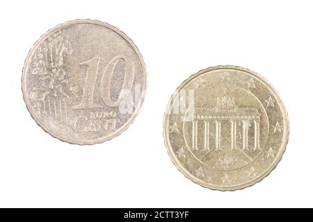 Vorder- und Rückseite der 10-Cent-Euro-Münze isoliert Auf weißem Hintergrund Stockfoto