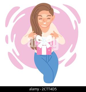 Mädchen Cartoon Eröffnung Geschenk-Design, Happy birthday Feier Dekoration Party festlich und Überraschung Thema Vektor Illustration Stock Vektor