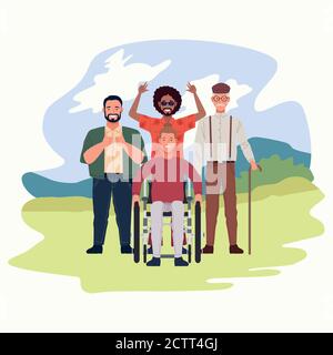 Vollkommen unvollkommene Personen gruppieren Zeichen im Feld Szene Vektor Illustrationsdesign Stock Vektor