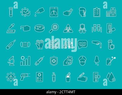 Symbolsatz von covid Test auf türkisfarbenem Hintergrund, Linienstil, Vektordarstellung Stock Vektor