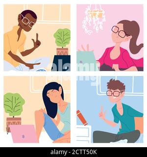 Set von Karten mit Menschen arbeiten von zu Hause, Telearbeit Vektor Illustration Design Stock Vektor