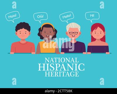 Nationale hispanische Erbe Feier mit Menschen und Sprechblasen Vektor Illustrationsdesign Stock Vektor