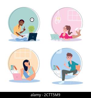 Satz von Symbolen Menschen arbeiten von zu Hause aus, Telearbeit Vektor Illustration Design Stock Vektor