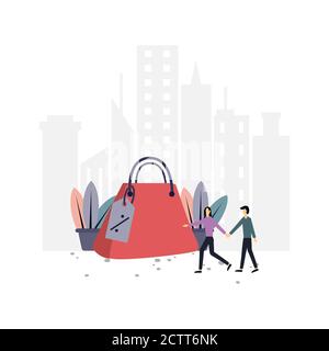 Jagd auf Rabatt-Taschen flache Illustration.Vektor-Design-Vorlage.geeignet für Landing Page, ui, Website, mobile App, Editorial, Poster, Flyer, artic Stock Vektor