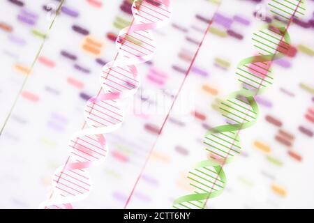 DNA-Helix und mehrfarbiges Sequenzdiagramm Stockfoto