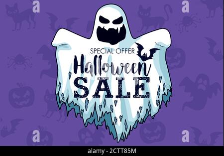 halloween Verkauf saisonales Poster mit Schriftzug in Geistervektor Illustration Design Stock Vektor