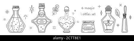 Magische Flaschen und Flaschen mit Tränken. Isolierter Vektor-Satz - lineare Zeichnung für das Malbuch Stock Vektor