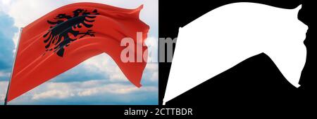 Wehende Flaggen der Welt - Flagge Albaniens. Satz von Flagge und Alpha Matte 3D-Illustration. Sehr hochwertige Maske ohne unerwünschte Kante. Hoch Stockfoto