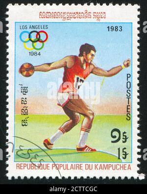 KAMBODSCHA UM 1983: Briefmarke gedruckt von Kambodscha, zeigt Discus, um 1983 Stockfoto