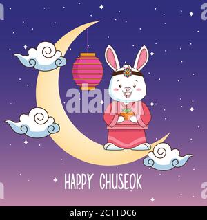 Happy chuseok Feier mit Kaninchen heben orange Frucht in Halbmond mond Vektor Illustration Design Stock Vektor