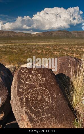 Jornada Mogollon Stil Rockkunst in Three Rivers Petroglyph Site, Godfrey Hills nahe Sierra Blanca, Chihuahuan Desert New Mexico, USA Stockfoto