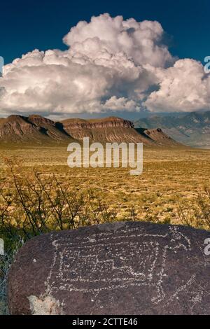 Jornada Mogollon Stil Rockkunst in Three Rivers Petroglyph Site, Godfrey Hills nahe Sierra Blanca, Chihuahuan Desert New Mexico, USA Stockfoto