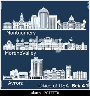 Städte der USA - Aurora, Moreno Valley, Montgomery. Detaillierte Architektur. Trendige Vektorgrafik. Stock Vektor