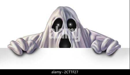 Ghost Monster schaukend hinter einem weißen blanken Schild als ein wütender heimtgesucht gruseligen Phantom Geist versteckt sich hinter einer Plakatwand als Halloween-Nachricht Konzept. Stockfoto