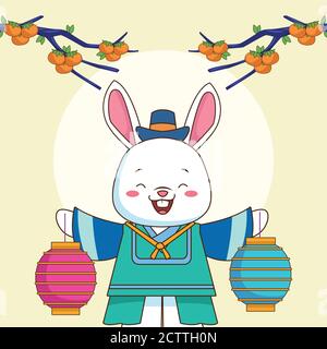 Happy chuseok Feier mit Kaninchen Hebelampen und Orangen in Baum Vektor Illustration Design Stock Vektor