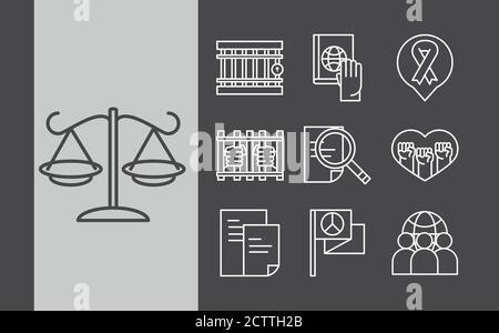 Internationale Menschenrechte Tag Gesetz Gerechtigkeit Kette Kampf Hoffnung Ikonen Linienstil für Vektorgrafik der Kollektion Stock Vektor