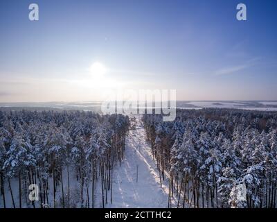 Luftaufnahme auf Winterwald und Feld. Sonniger Tag im Schneefall, Schneeflocken bei Sonneneinstrahlern. See und Fluss im Hintergrund. Landstraße mit einer Kreuzung im Wald. Schnitt eine Waldlichtung ab. .Drohne Foto Stockfoto