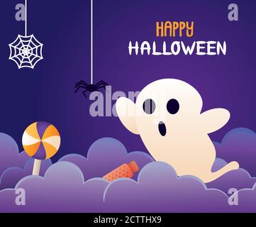 halloween Feier Geist mit Schriftzug und Spinne hängenden Vektor-Illustration Design Stock Vektor