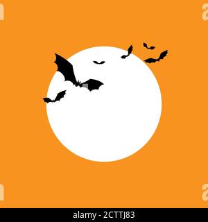 Schwarze Fledermäuse und der Mond Textrahmen auf orangefarbenem Hintergrund. Halloween Vektor Poster oder Plakat. Silhouetten-Karte, Clip Art Stock Vektor