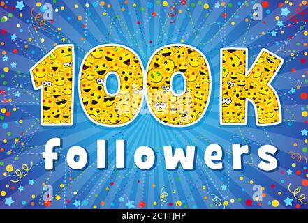 Danke 100 000 Follower kreatives Konzept. Fröhliche Festtage für 100.000 Networking-Likes. 100k abonniert Zeichen mit Menschen Gesichter. Lustiges Gelb Stock Vektor