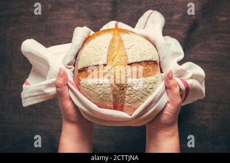 Weibliche Hände halten frisch gebackenes Sauerteig Brot in Serviette aus Ofen auf blauem Holztisch Draufsicht Flat Lay hausgemacht Gebäck Stockfoto