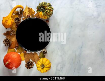 Herbst und Thanksgiving Tagestisch Einstellung mit gefallenen Blättern, Kürbisse, leere schwarze Platte auf dem hellen Marmortisch. Stockfoto