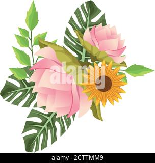 Schöne rosa Blume und Sonnenblume mit Blättern Garten Vektor Illustration Design Stock Vektor