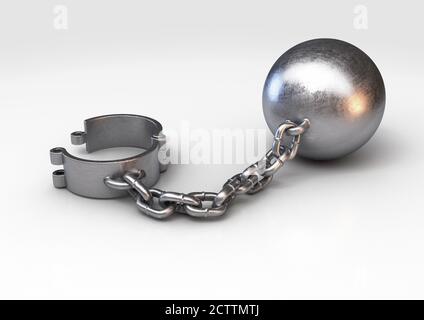 Eine schwere Metallkugel und Kette mit geöffnetem Schäkel Auf einem isolierten Studiohintergrund - 3D Render Stockfoto