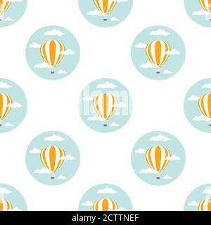 Heißluftballons fliegen am blauen Himmel mit Wolken. Flache Cartoon-Vektor-Illustration. Fantasie, Phantasie, Studie Hintergrund. Nahtloses Kindermuster. Stock Vektor